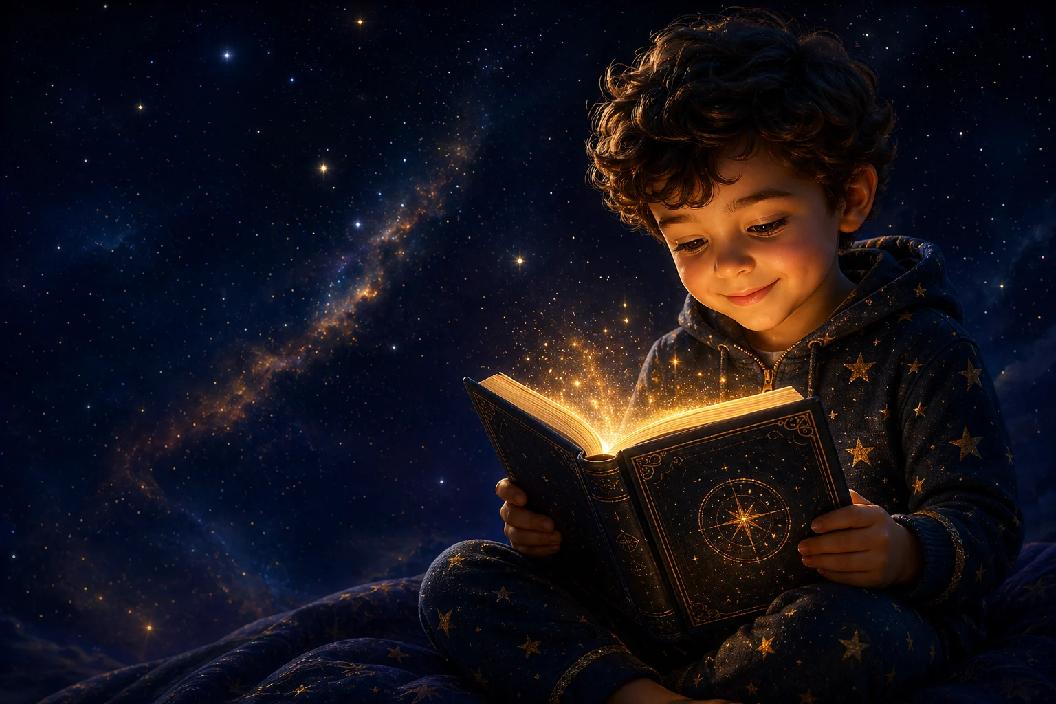 Child reading a glowing storybook beneath a starry sky
